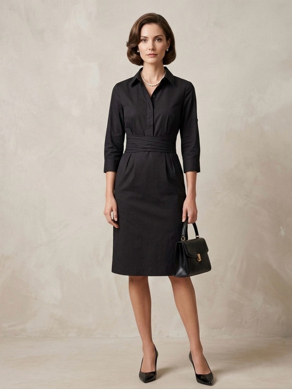 Ann Taylor Black Ruched Waist Shirtdress Size 4 Quiet Luxury Capsule Wardrobe